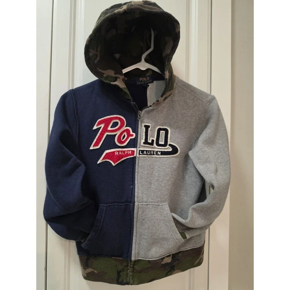 Polo Ralph Lauren Jacket Youth M 10-12 Camo Colorblock Stitched Logo Zip Hoodie